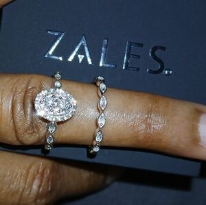 Zales 1/3 Carats Silver Marquise Accent Oval Halo Ring Set with White Stones